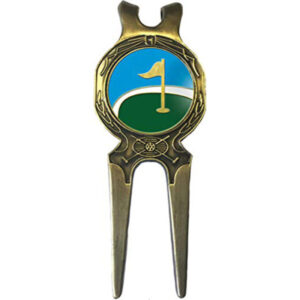 GOLF DIVOT TOOL DECO STYLE ANTIQUE BRASS WITH REMOVEABLE BALL MARKER